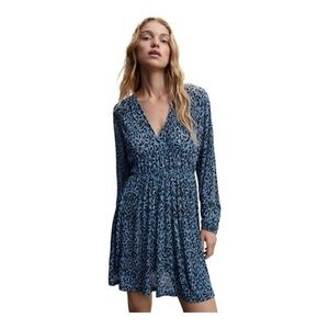 MANGO Textured Floral Pattern Sheer Mini Dress Blue Black V-Neck Dress Size M